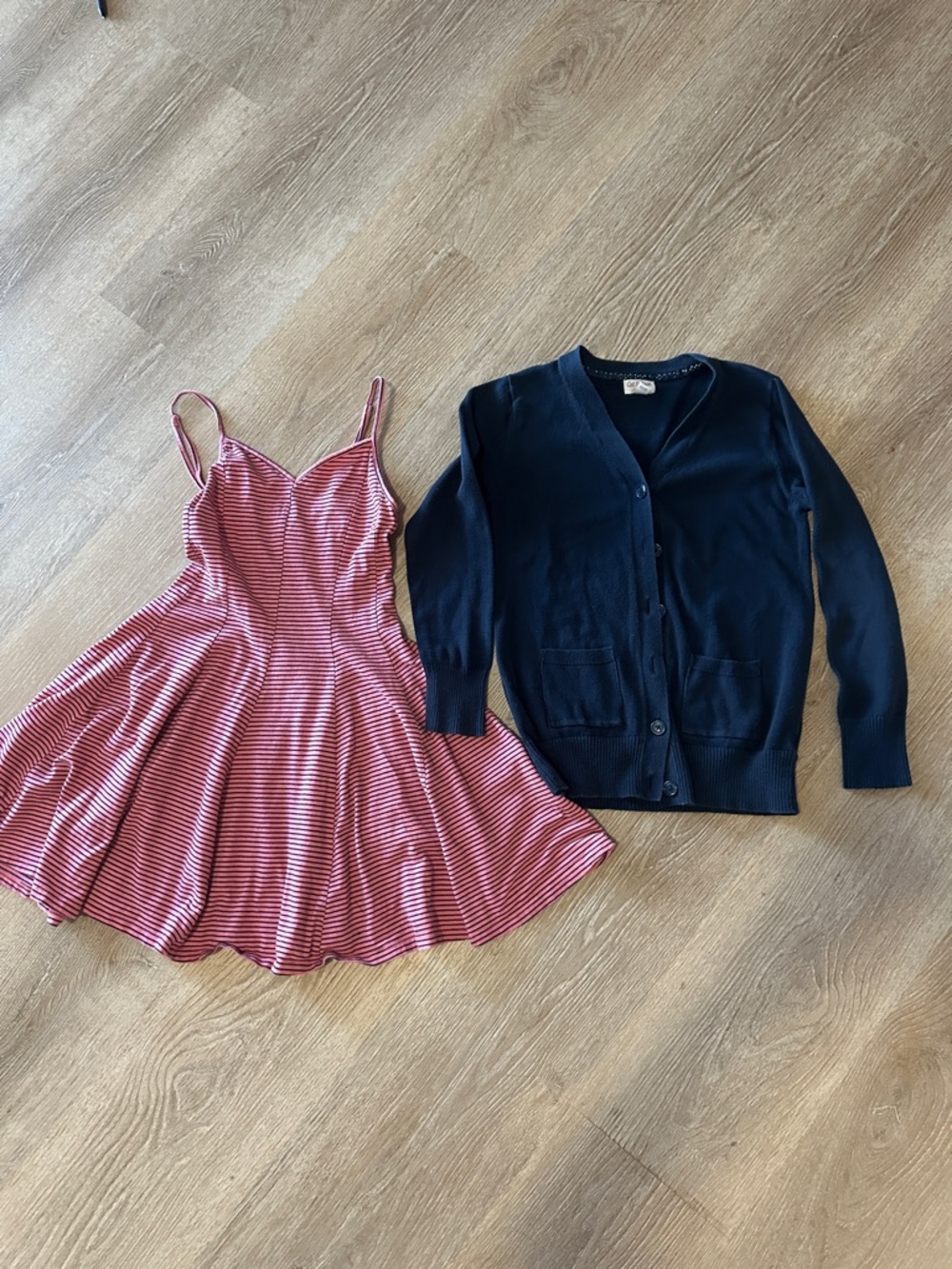 Cat & Jack Pink and White Striped Skater Dress with Navy Cardigan